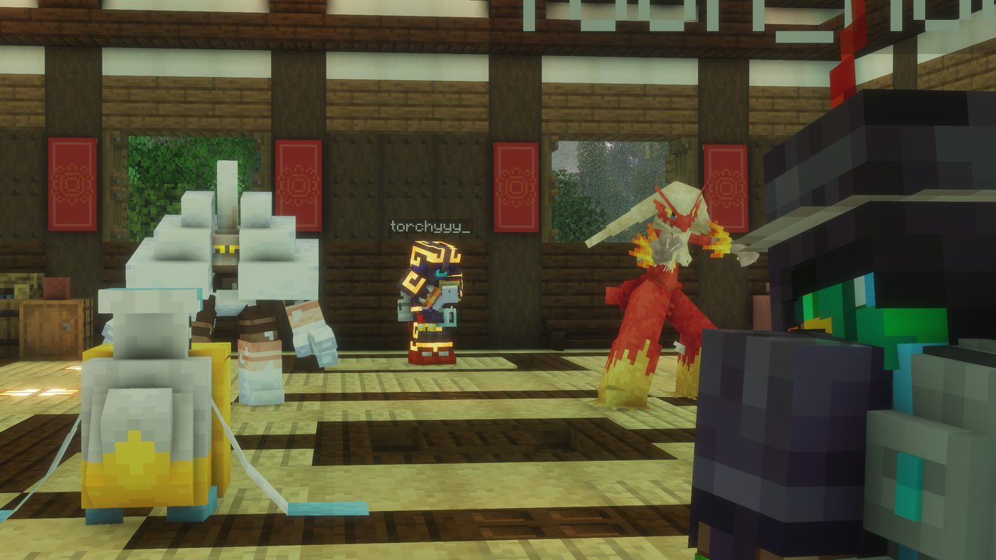 Players facing off against a fire-type legendary in a dojo